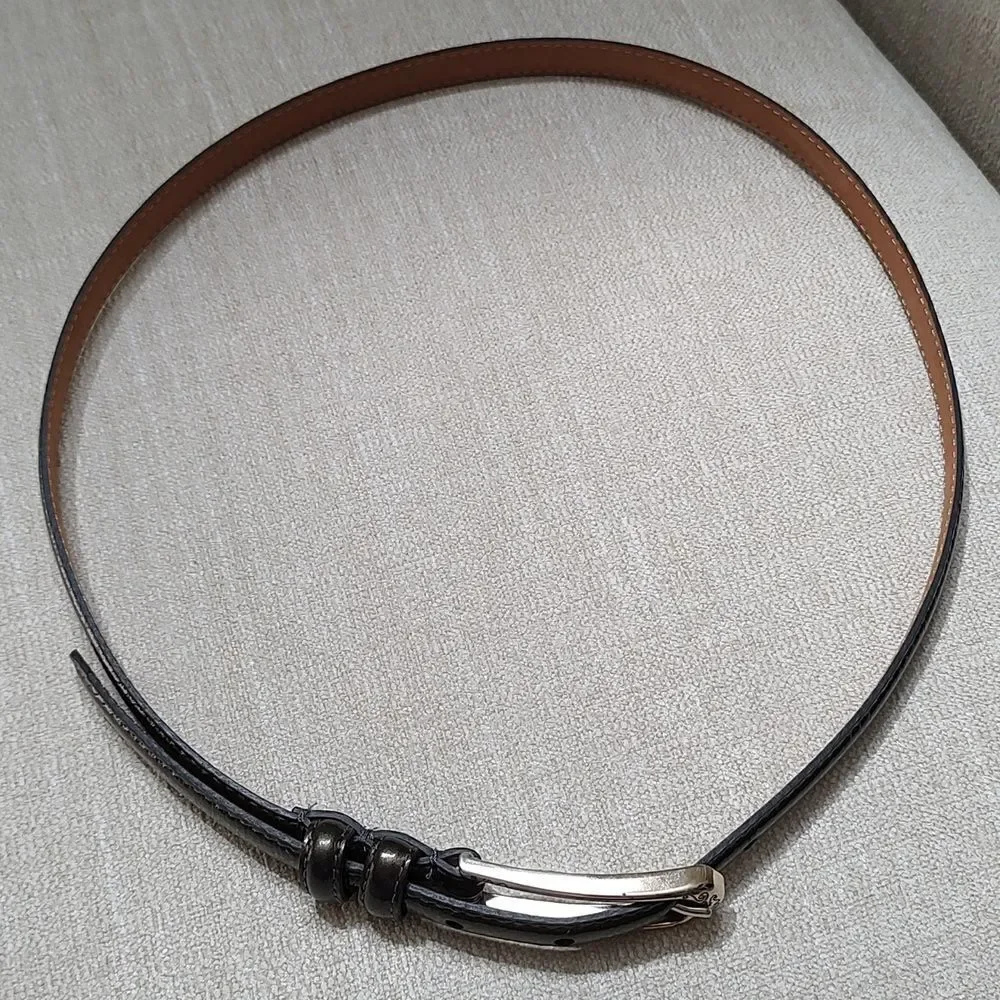 Brighton Thin Patent Leather Belt in Gunmetal Gray Silver Etched Buckle